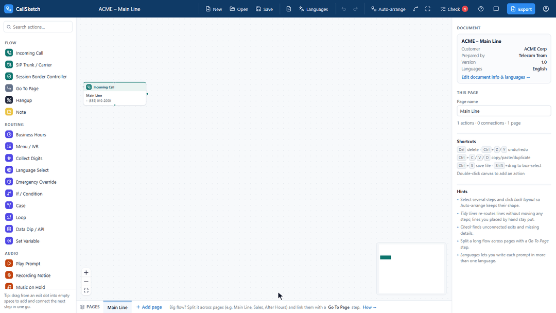 The CallSketch editor: steps are added from the palette and by dragging from an exit, named, auto-arranged with one click, and exported to a PDF with a diagram page and a written details page.